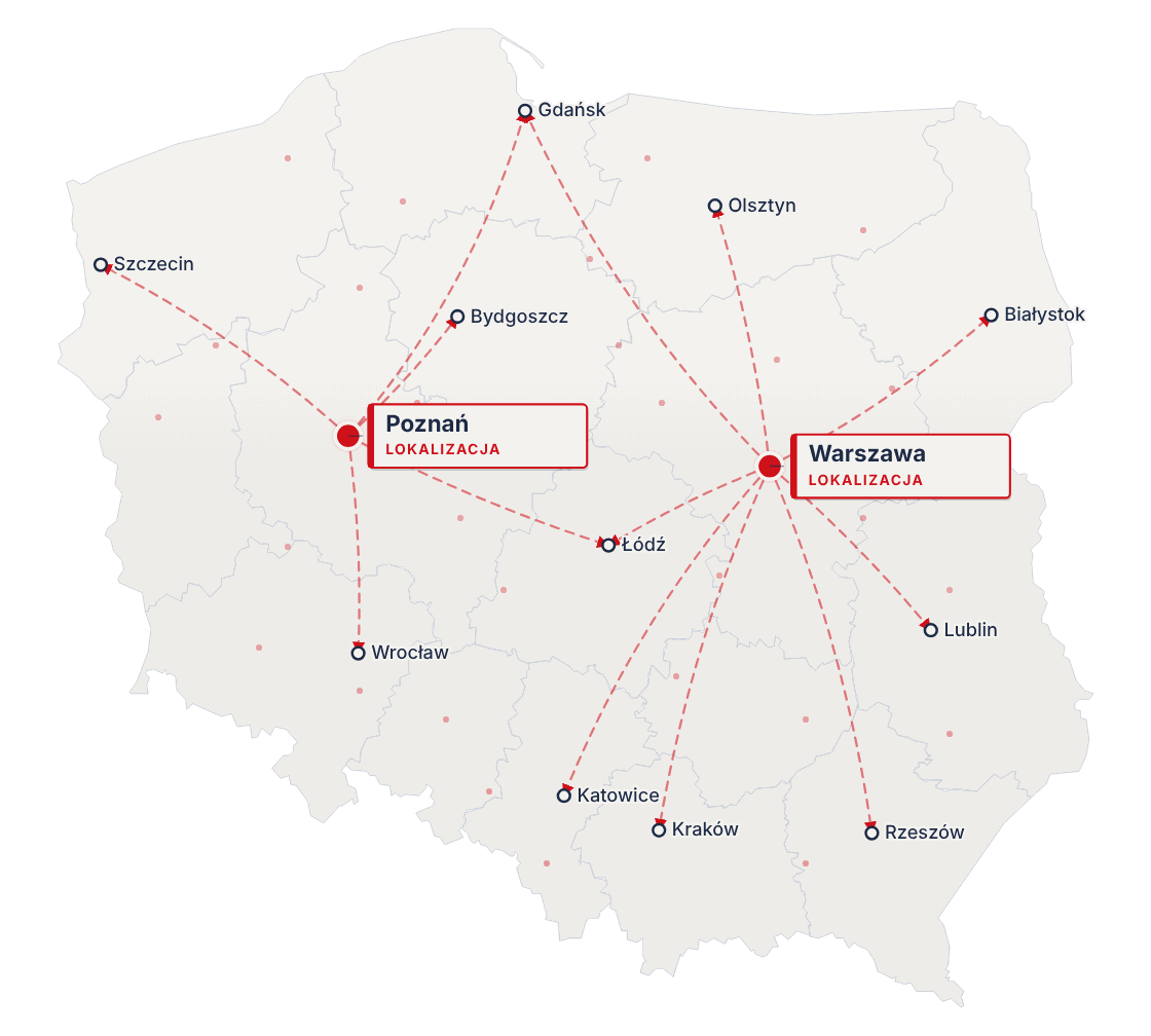 Mapa Polski – sejfEXPERT w Poznaniu i Warszawie, dostawa sejfów z wniesieniem i montaż w całej Polsce